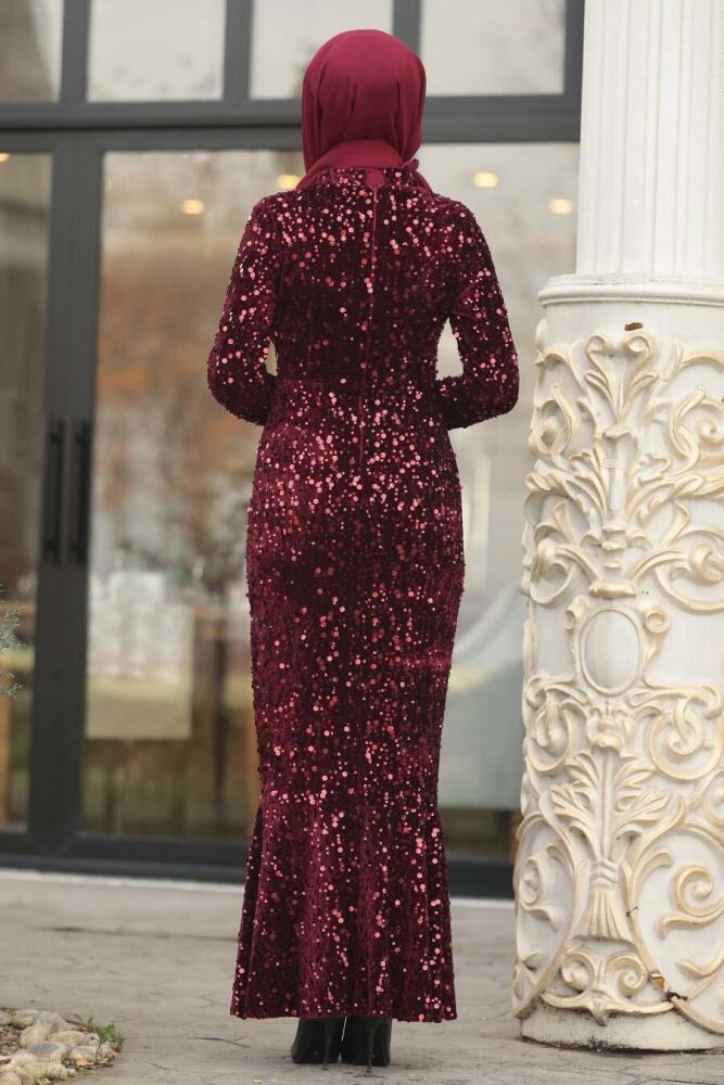 Balık Model Bordo Tesettür Abiye Elbise 87760BR - 2