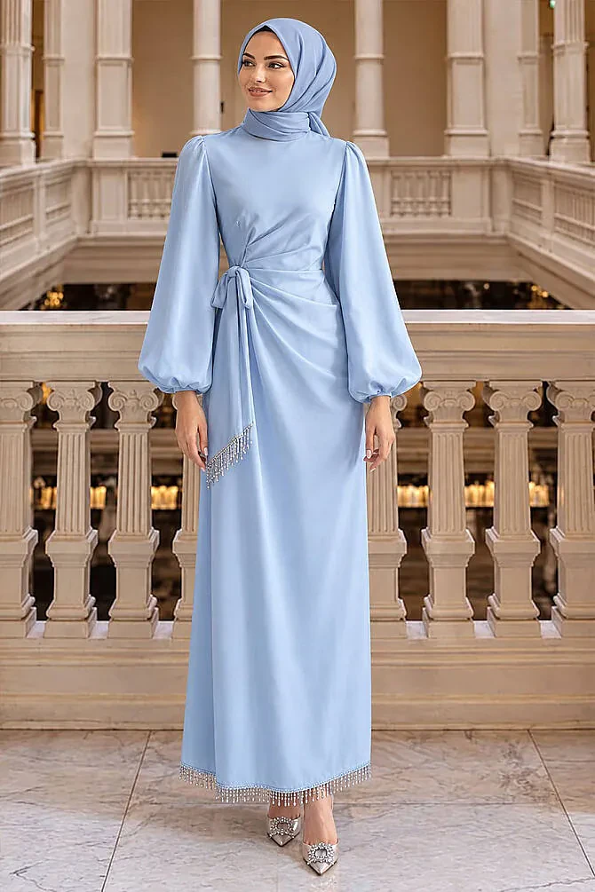 Balloon Sleeve Baby Blue Modest Evening Dress 62251BBM - 1