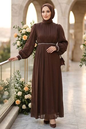 Balloon Sleeve Brown Modest Evening Dress 62312KH 