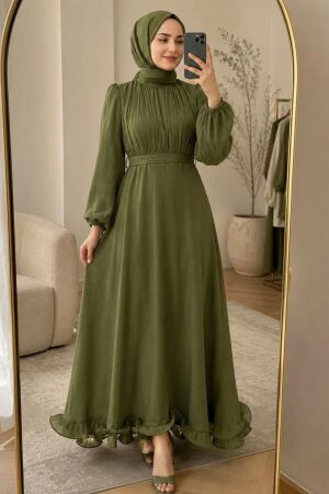Balloon Sleeve Dark Khaki Modest Evening Dress 6278KHK - 1