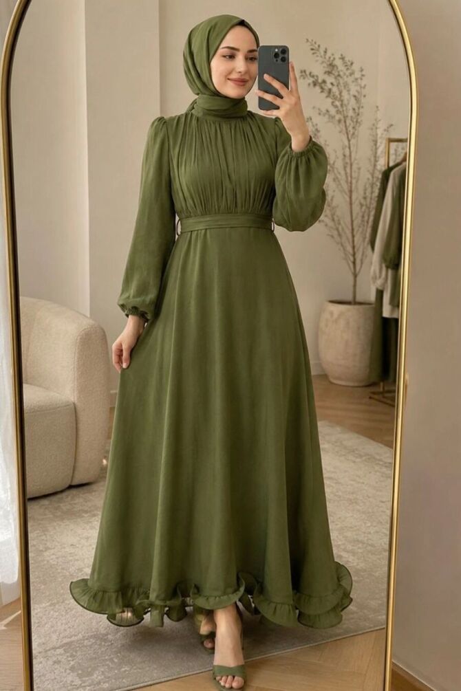 Balloon Sleeve Dark Khaki Modest Evening Dress 6278KHK - 1