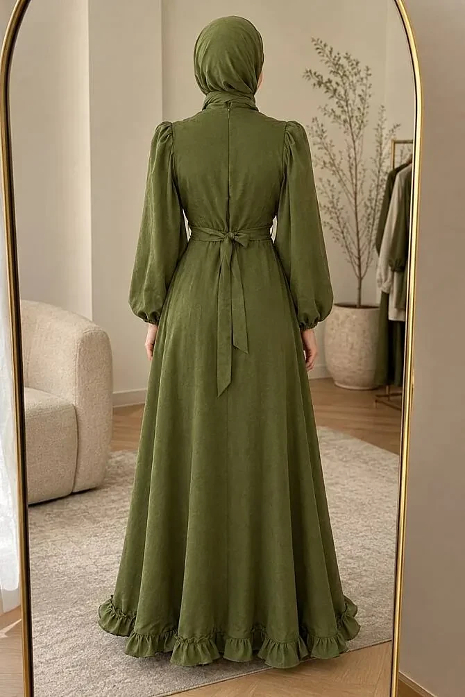 Balloon Sleeve Dark Khaki Modest Evening Dress 6278KHK - 2