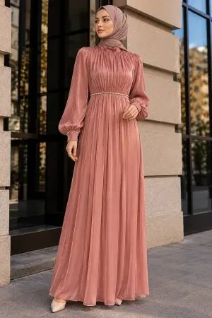 Balloon Sleeve Dark Salmon Modest Evening Dress 62312KSMN - N.S NEVA STYLE