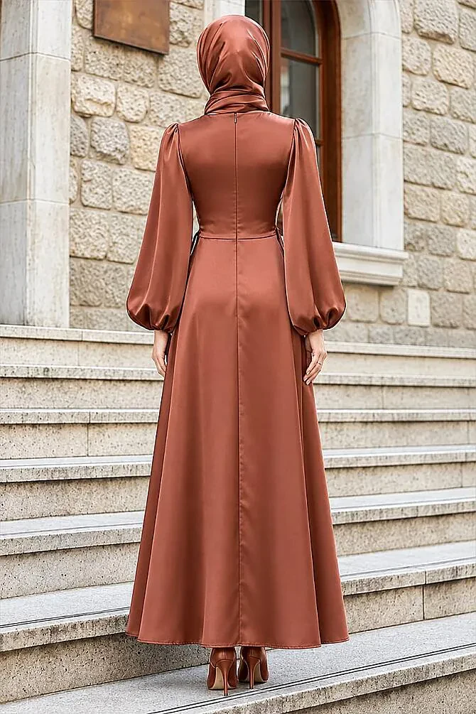 Balloon Sleeve Dark Salmon Satin Modest Evening Dress 61501KSMN - 2