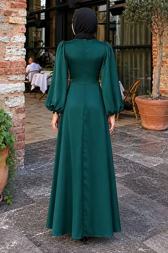 Balloon Sleeve Emerald Green Satin Modest Evening Dress 61501ZY - 2