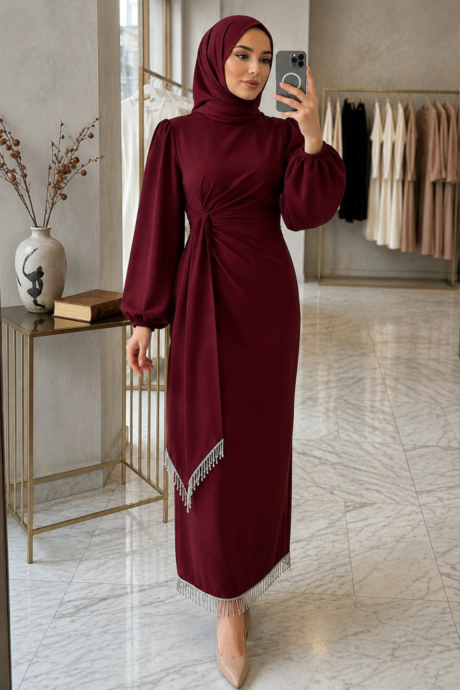 Balon Kol Bordo Tesettür Abiye Elbise 62251BR - 1