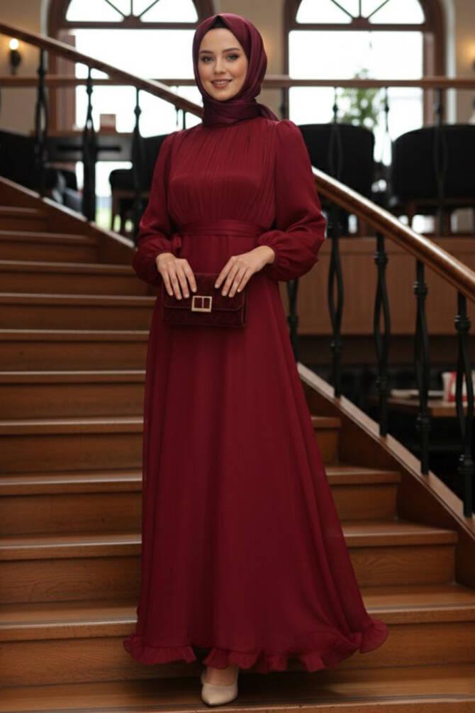 Balon Kol Bordo Tesettür Abiye Elbise 6278BR - 1