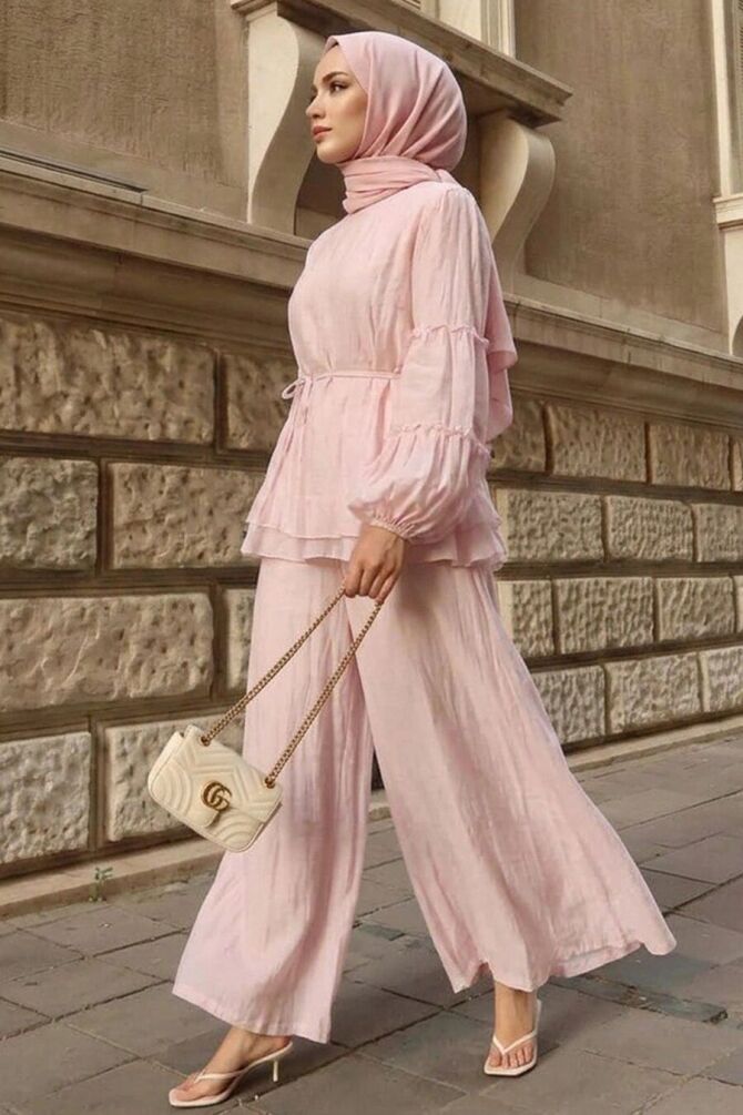 Balon Kol Detaylı Pembe Tesettür Takım 26158P - 1