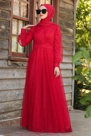 Balon Kol Kırmızı Tesettür Abiye Elbise 30631K - Thumbnail
