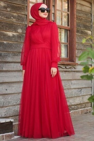Balon Kol Kırmızı Tesettür Abiye Elbise 30631K - Thumbnail