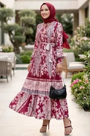 Barok Patterned Cherry Silk Satin Modest Dress 95706VSN - 1