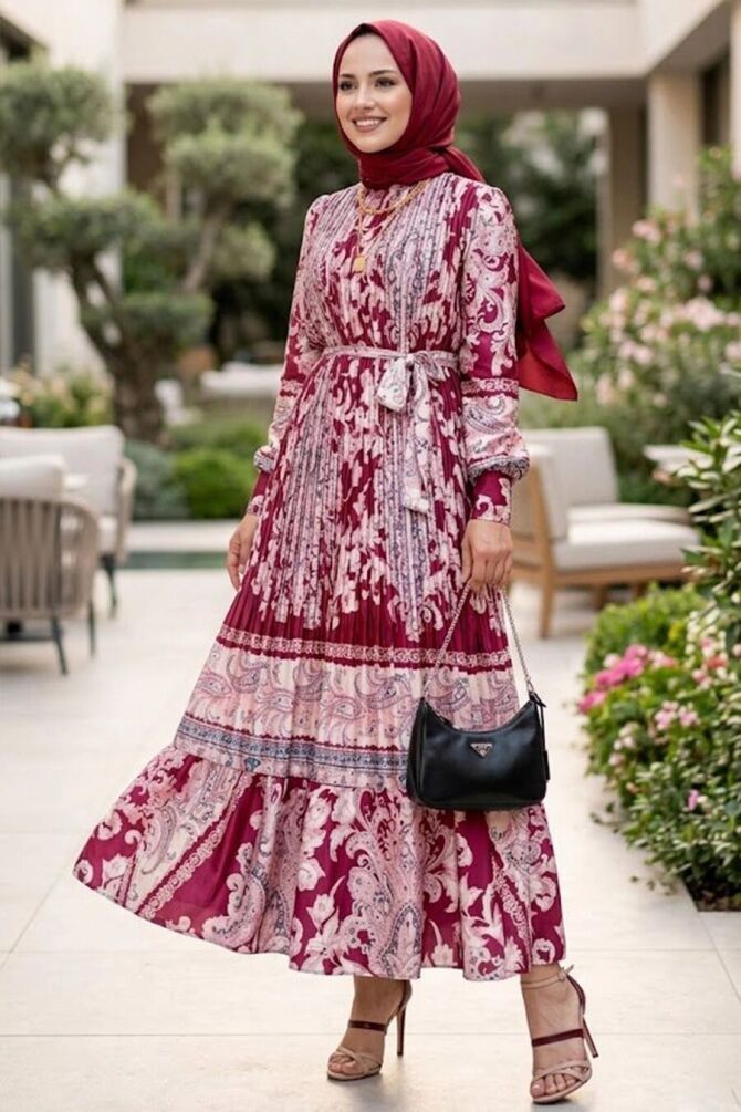 Barok Patterned Cherry Silk Satin Modest Dress 95706VSN - 1