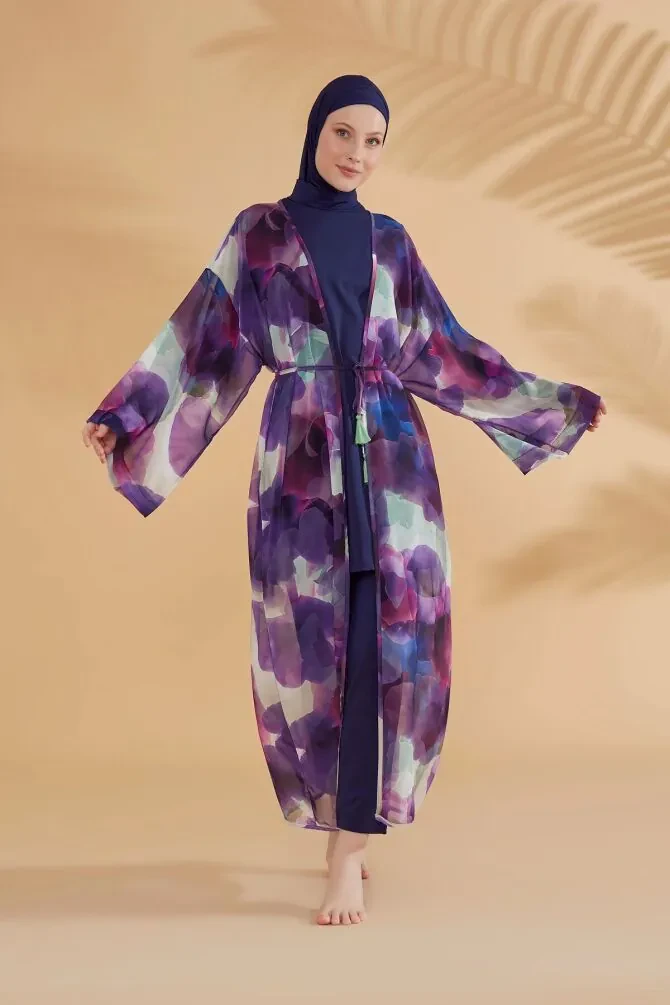  Batik Desenli Mor Kimono Kaftan P2338MOR - 1