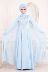 Bébé Bleu - Tesettürlü Abiye Elbise -Robe de Soirée Hijab -20710BM - Thumbnail