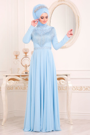 Bébé Bleu -Tesettürlü Abiye Elbise - Robe de Soirée Hijab - 20901BM - Thumbnail
