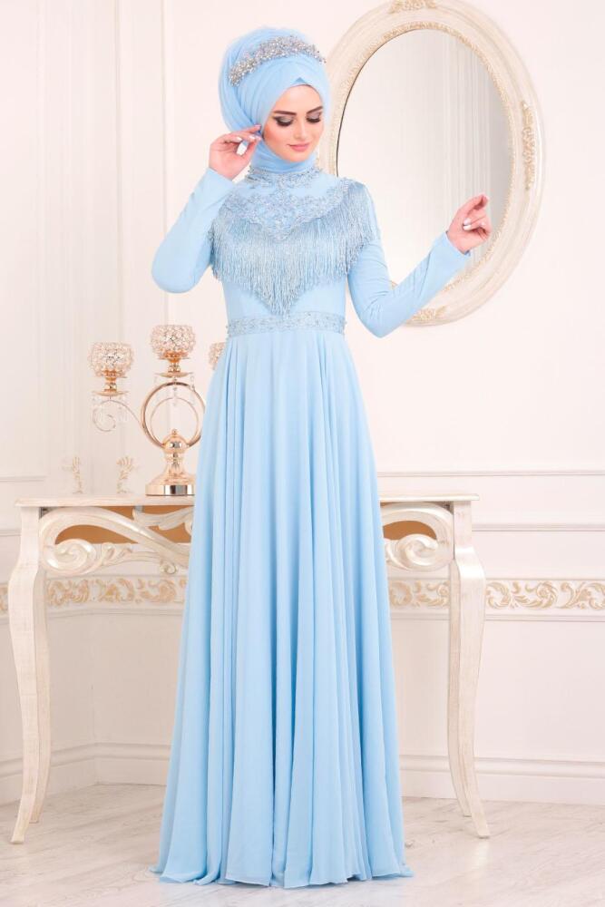 Bébé Bleu -Tesettürlü Abiye Elbise - Robe de Soirée Hijab - 20901BM - 2
