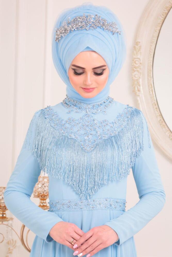Bébé Bleu -Tesettürlü Abiye Elbise - Robe de Soirée Hijab - 20901BM - 3