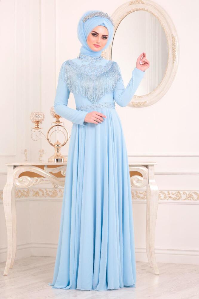 Bébé Bleu -Tesettürlü Abiye Elbise - Robe de Soirée Hijab - 20901BM - 1