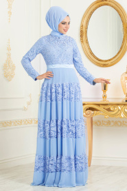 Bébé Bleu-Tesettürlü Abiye Elbise - Robe de Soirée Hijab 3120BM - Thumbnail