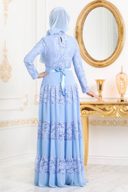 Bébé Bleu-Tesettürlü Abiye Elbise - Robe de Soirée Hijab 3120BM - 2