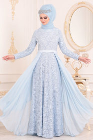 Bébé Bleu-Tesettürlü Abiye Elbise - Robe de Soirée Hijab 3308BM - Thumbnail