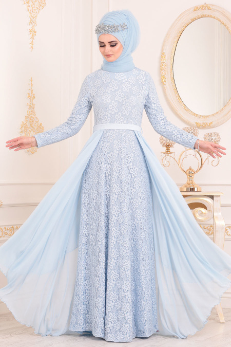 Bébé Bleu-Tesettürlü Abiye Elbise - Robe de Soirée Hijab 3308BM