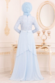 Bébé Bleu-Tesettürlü Abiye Elbise - Robe de Soirée Hijab 3308BM - Thumbnail
