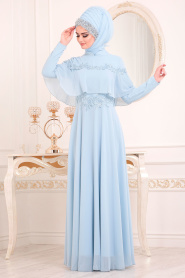 Bébé Bleu-Tesettürlü Abiye Elbise - Robe de Soirée Hijab 36640BM - Thumbnail