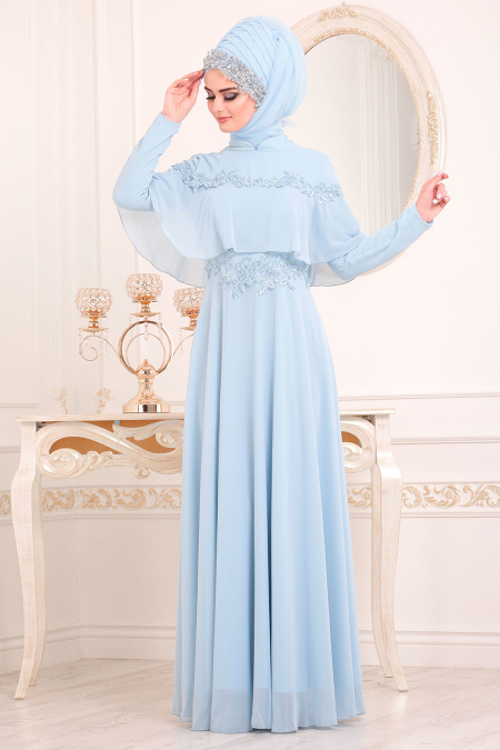 Bébé Bleu-Tesettürlü Abiye Elbise - Robe de Soirée Hijab 36640BM