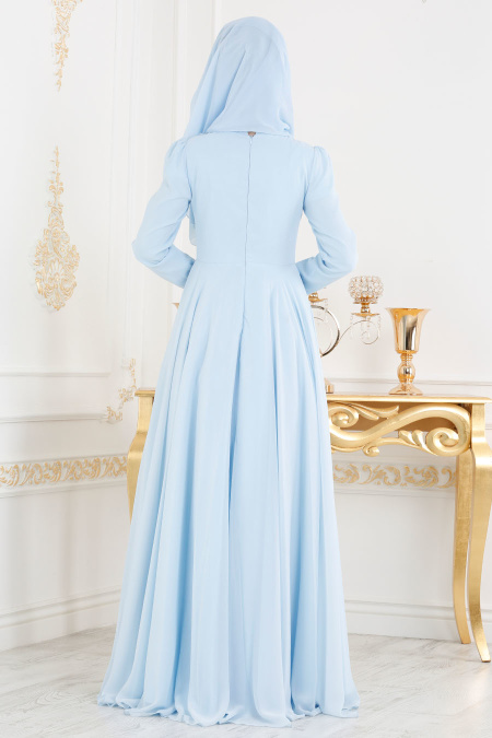 Bébé Bleu-Tesettürlü Abiye Elbise - Robe de Soirée Hijab 3705BM
