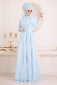 Bébé Bleu-Tesettürlü Abiye Elbise - Robe de Soirée Hijab 3705BM - Thumbnail