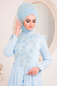 Bébé Bleu-Tesettürlü Abiye Elbise - Robe de Soirée Hijab 3705BM - Thumbnail