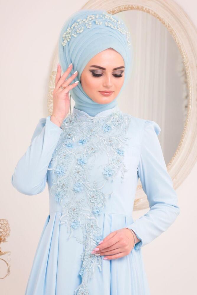 Bébé Bleu-Tesettürlü Abiye Elbise - Robe de Soirée Hijab 3705BM - 3