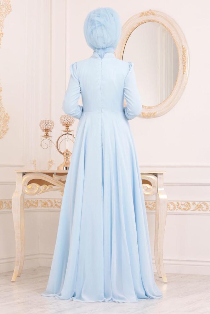 Bébé Bleu-Tesettürlü Abiye Elbise - Robe de Soirée Hijab 3705BM - 4