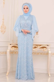 Bébé Bleu - Tesettürlü Abiye Elbise - Robe de Soirée Hijab - 3858BM - Thumbnail