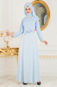 Bébé Bleu - Tesettürlü Abiye Elbise - Robe de Soirée Hijab 40370BM - Thumbnail