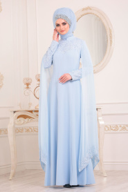 Bébé Bleu - Tesettürlü Abiye Elbise - Robe de Soirée Hijab 4045BM - Thumbnail