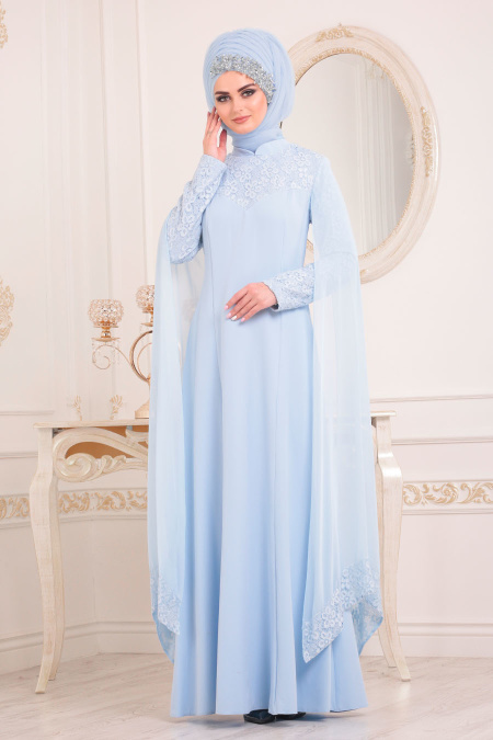 Bébé Bleu - Tesettürlü Abiye Elbise - Robe de Soirée Hijab 4045BM