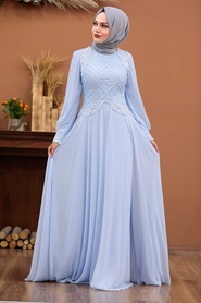 Bébé Bleu-Tesettürlü Abiye Elbise - Robe de Soirée Hijab 4579BM - Thumbnail