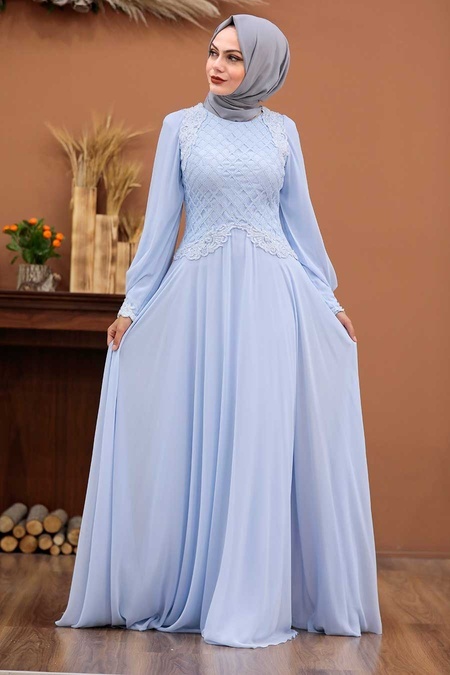 Bébé Bleu-Tesettürlü Abiye Elbise - Robe de Soirée Hijab 4579BM