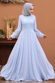 Bébé Bleu-Tesettürlü Abiye Elbise - Robe de Soirée Hijab 4579BM - Thumbnail