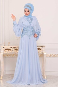 Bébé Bleu - Tesettürlü Abiye Elbise - Robe de Soirée Hijab - 46621BM - Thumbnail