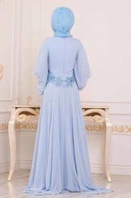 Bébé Bleu - Tesettürlü Abiye Elbise - Robe de Soirée Hijab - 46621BM - Thumbnail