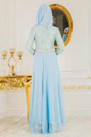 Bébé Bleu - Tesettürlü Abiye Elbise - Robe de Soirée Hijab 7960BM - Thumbnail
