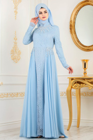 Bébé Bleu - Tesettürlü Abiye Elbise - Robe de Soirée Hijab 8057BM - Thumbnail