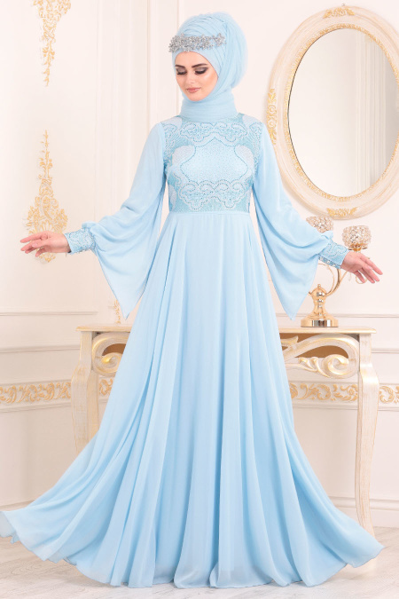 Bébé Bleu - Tesettürlü Abiye Elbise - Robe de Soirée Hijab 8088BM