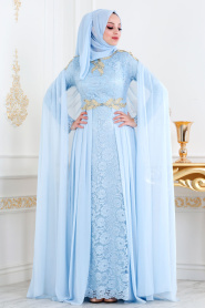 Bébé Bleu - Tesettürlü Abiye Elbise - Robe de Soirée Hijab 8110BM - Thumbnail