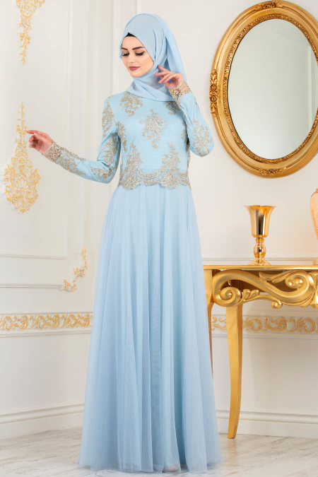 Bébé Bleu - Tesettürlü Abiye Elbise - Robe de Soirée Hijab 8217BM