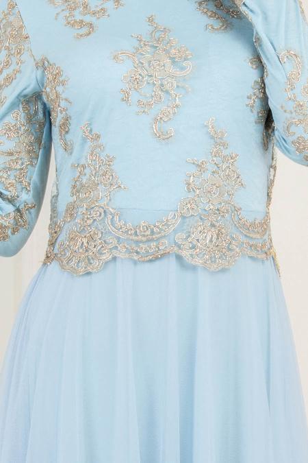 Bébé Bleu - Tesettürlü Abiye Elbise - Robe de Soirée Hijab 8217BM - 2