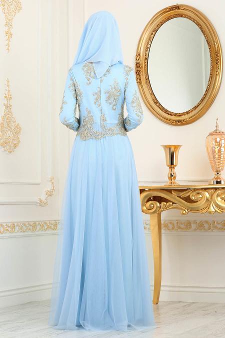 Bébé Bleu - Tesettürlü Abiye Elbise - Robe de Soirée Hijab 8217BM - 3